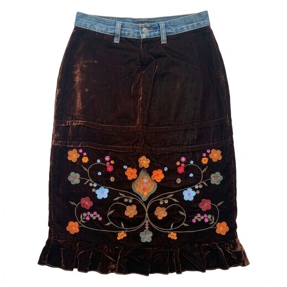 Ruth Dresses & Skirts - Levi Stratus Ruth Velvet Floral Embroidered Midi Skirt Denim Ruffle Hem M Retro